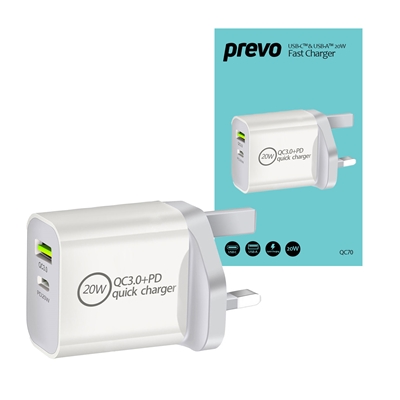 prevo-qc70-20w-usb-type-c-usb-type-a-fast-charge-mains-charger-with-qc-3-0-for-laptops-ultrabooks-chromebooks-ipads-macbooks-smartphones-tablets-mobile-devices-action-cameras-dslrs