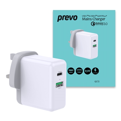 prevo-qc72-65w-usb-type-c-usb-type-a-fast-charge-mains-charger-with-qualcomm-quick-charge-3-0-and-1-5m-100w-usb-c-cable-for-laptops-ultrabooks-chromebooks-ipads-macbooks-smartphones-tablets-m