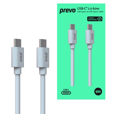 prevo-usb-2-0-60w-c-to-c-pvc-cable-20v-3a-480mbps-white-superior-design-performance-retail-box-packaging